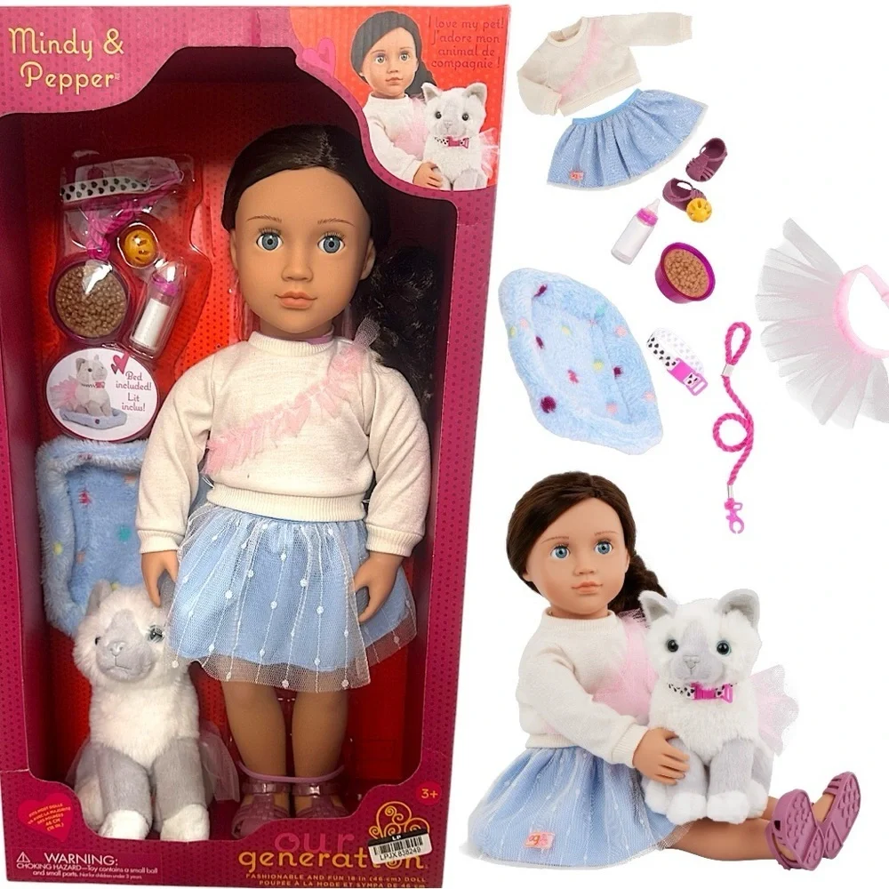 New Our Generation Doll & Pet Set Mindy & Pepper 18” doll and plush kitten set